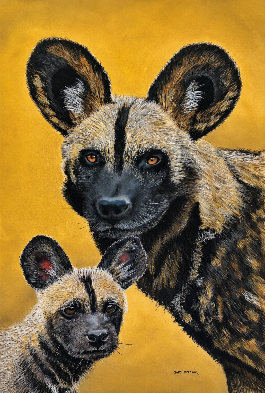 Original oil artwork featuring an African wild dog and pup portrait against a warm golden background.