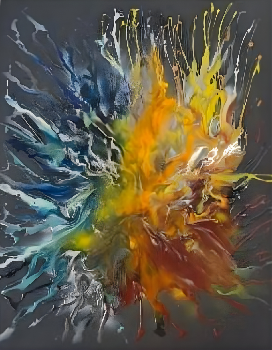 Mixed media abstract painting of a fiery explosion in amber and ochre against a dark grey background, with hints of blue and silver