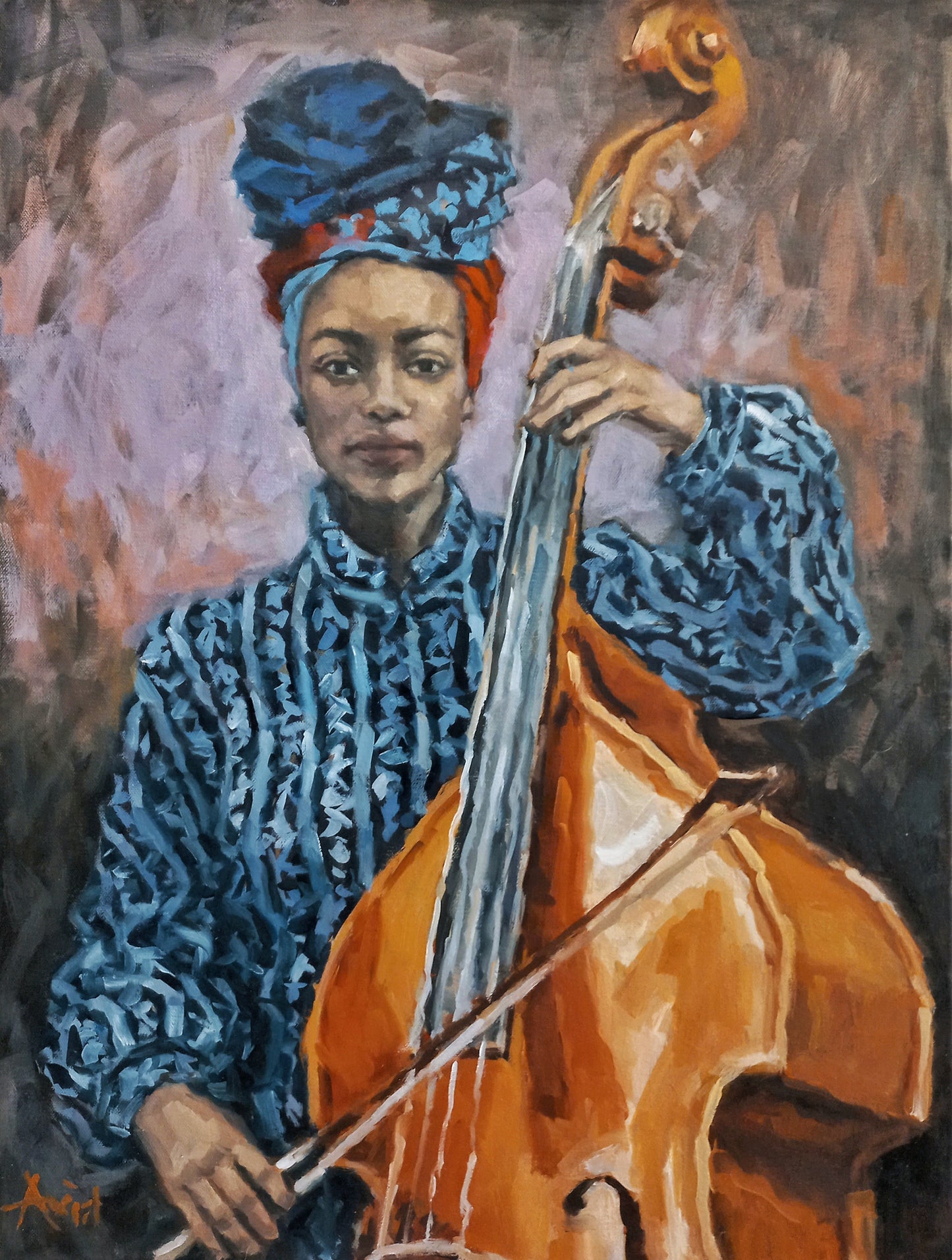 Oil painting of a Black woman in a blue turban holding a cello, gazing forward with calm intensity against a soft purple and orange background.