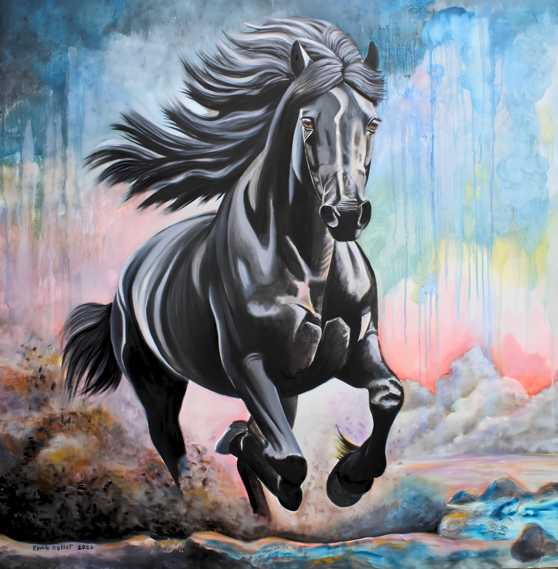 Esme Retief oil artwork on stretched canvas depicting a powerful black horse in motion against a soft atmospheric background