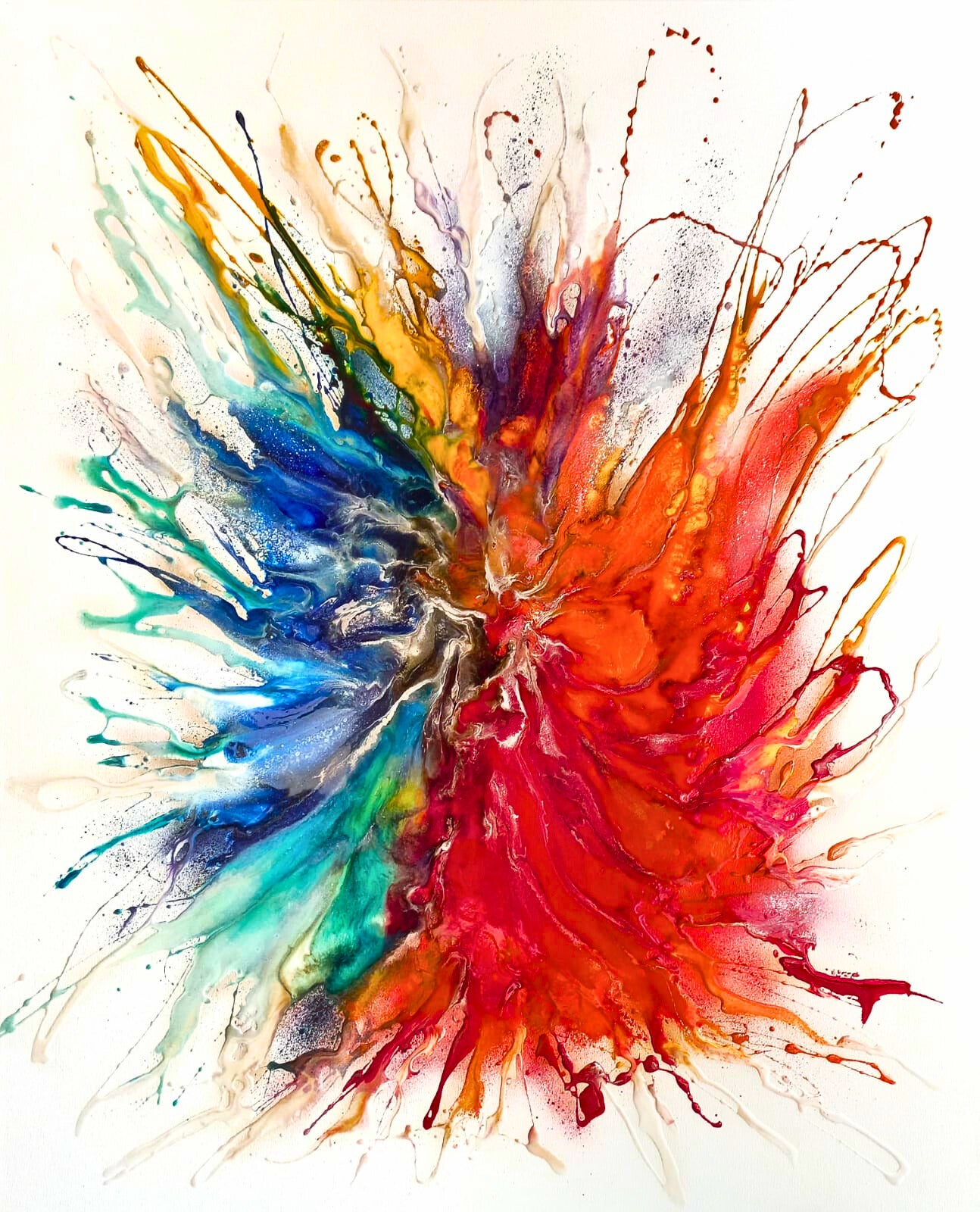 Mixed media abstract painting featuring swirling shades of green and white, resembling flowing water or forest mist.