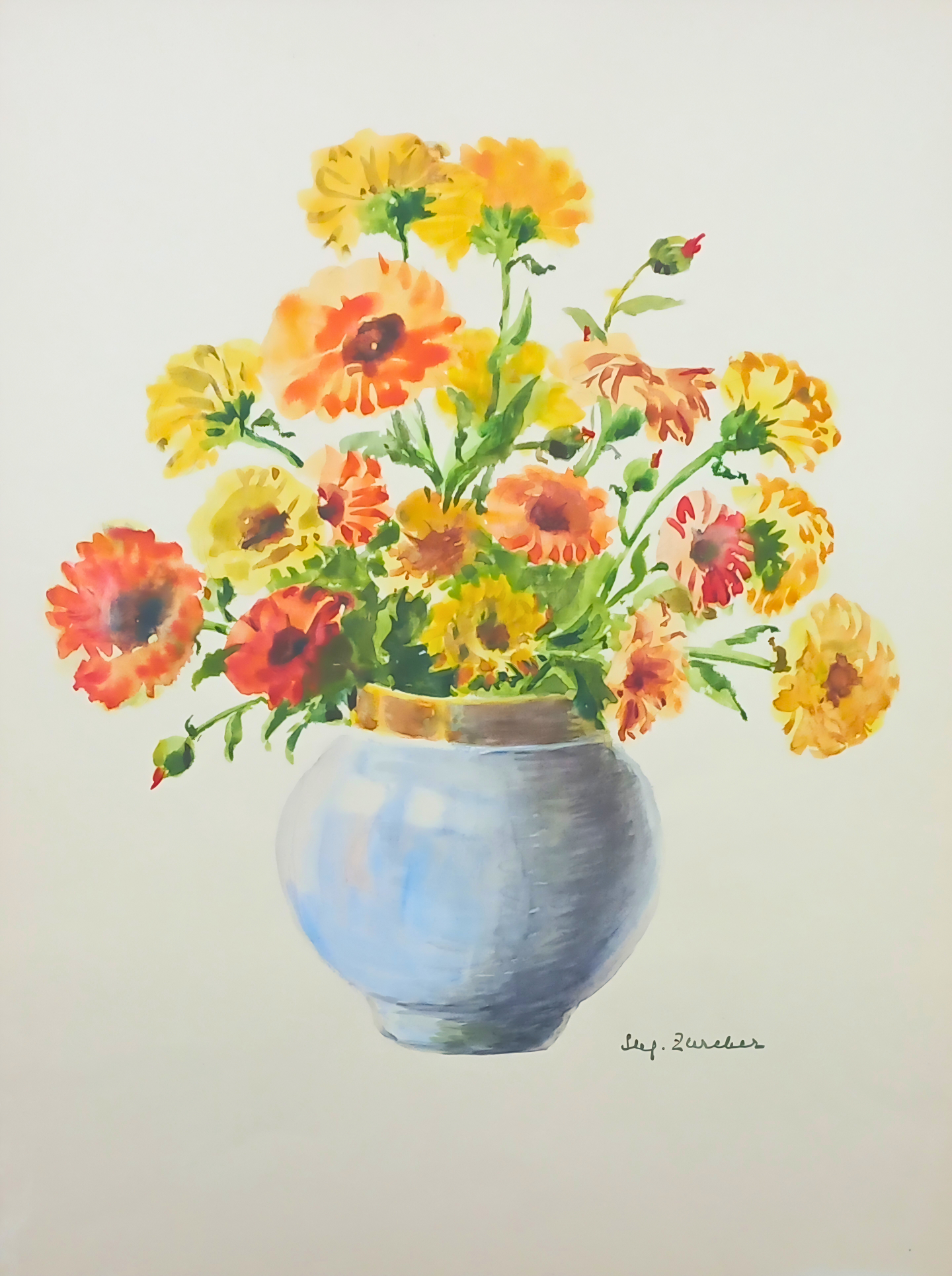 Botanical watercolour by Suz Zurcher of a loose calendula-style floral arrangement in a soft blue pot.