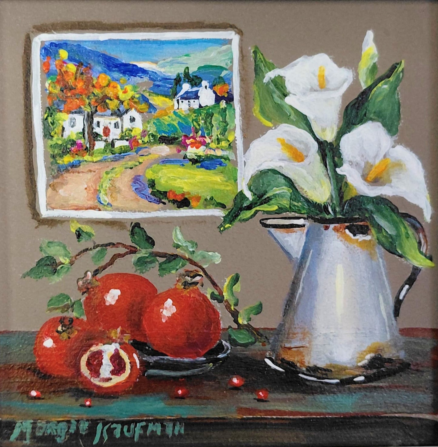 Oil painting of calla lilies in a pitcher, pomegranates (one split open), and a small landscape painting on the wall.