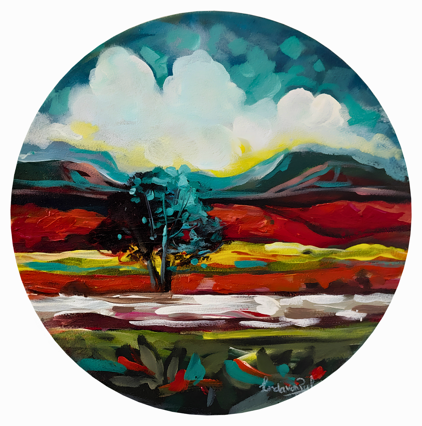 Linda van Zyl oil artwork on stretched canvas depicting a circular mountain landscape with dramatic clouds, red earth and a lone tree