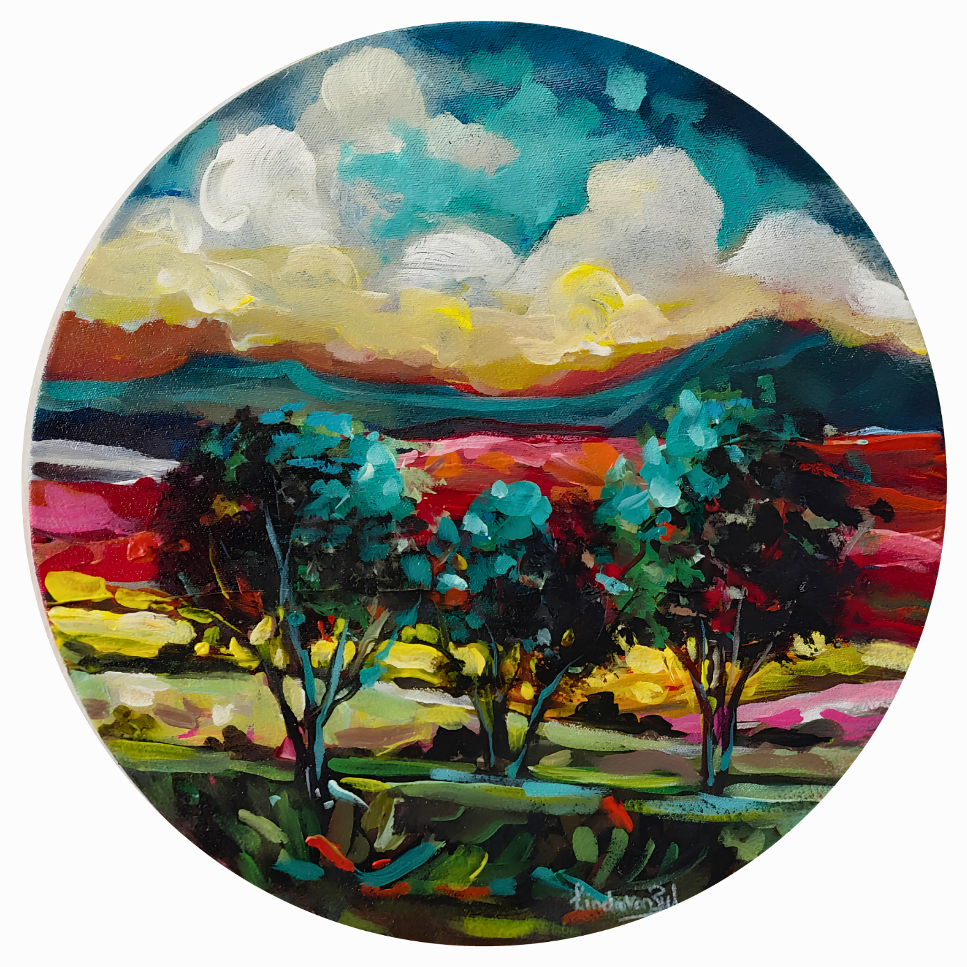Linda van Zyl oil artwork on stretched canvas depicting a circular tree landscape with rolling hills, colourful fields and a luminous sky