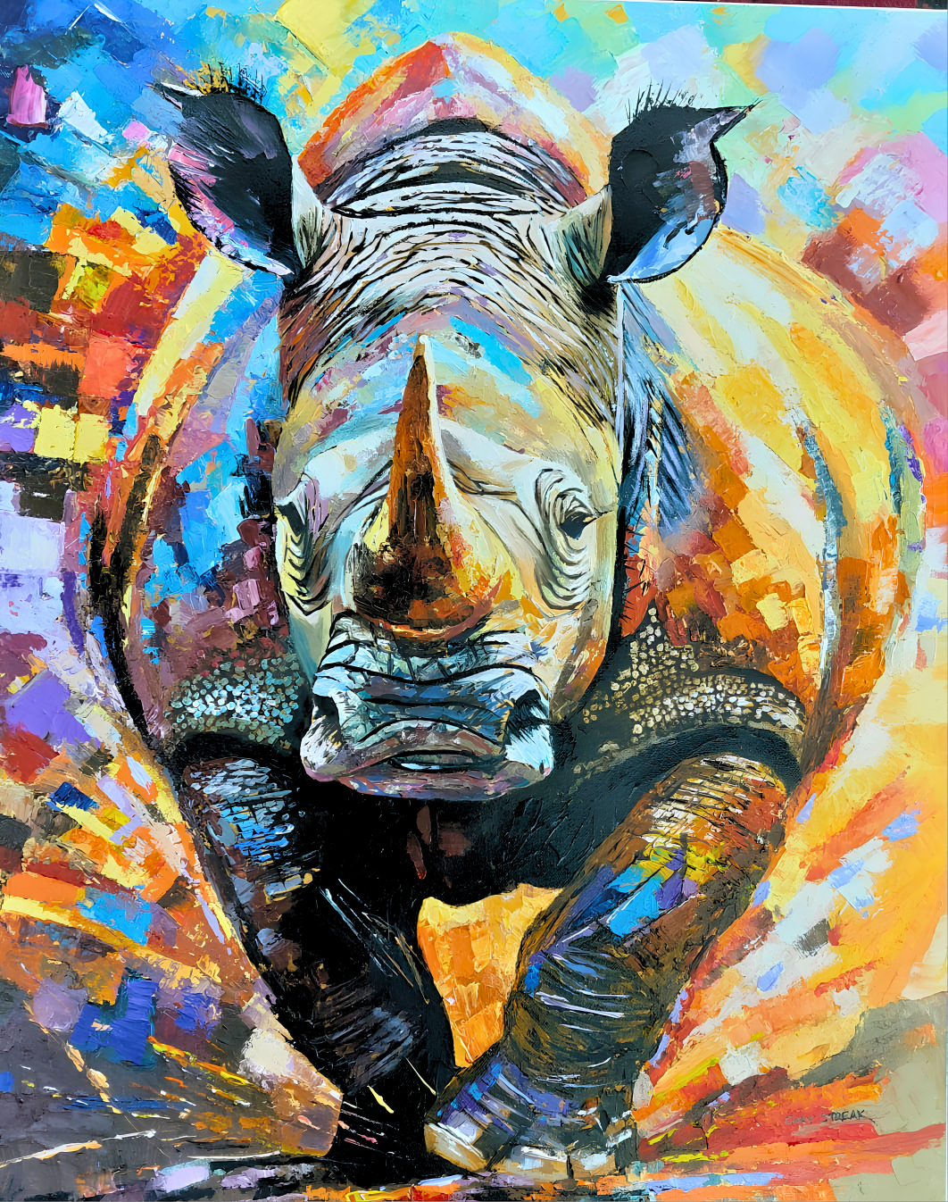Original artwork featuring a colourful frontal portrait of an African rhinoceros with bold textured brushwork.