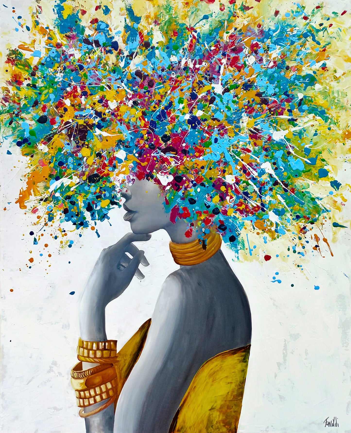 Mixed media portrait of a woman in profile with a crown of explosive, colourful paint splashes representing her hair, wearing gold jewellery against a white background.