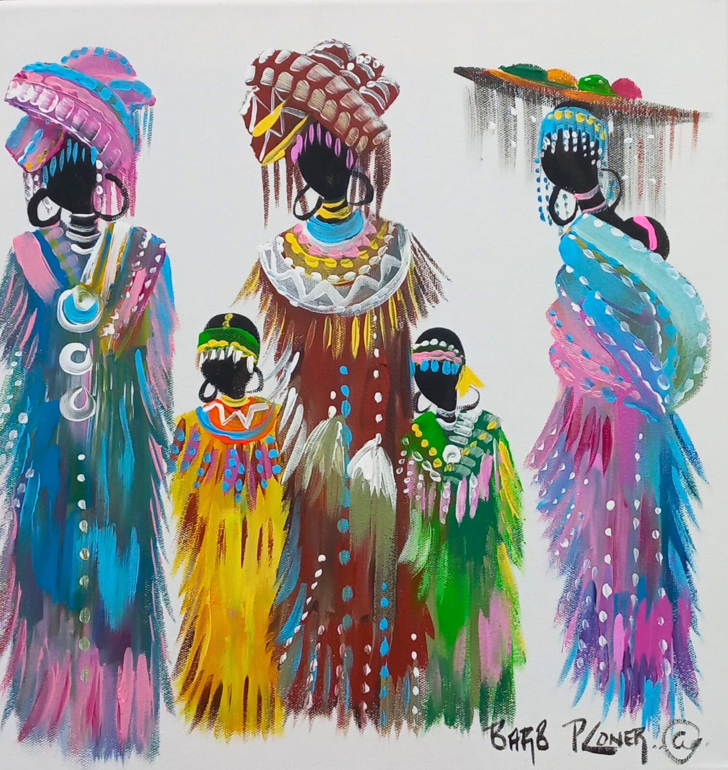 Acrylic painting of five African women in vibrant traditional attire and headdresses, standing against a white background.