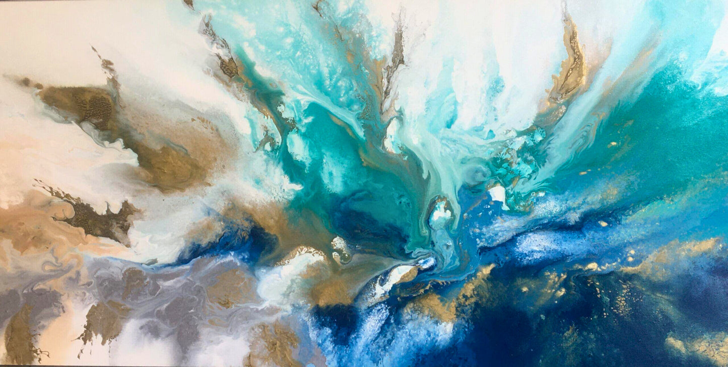 Mixed media abstract painting of swirling turquoise, blue, and gold tones, evoking underwater currents and light refraction.