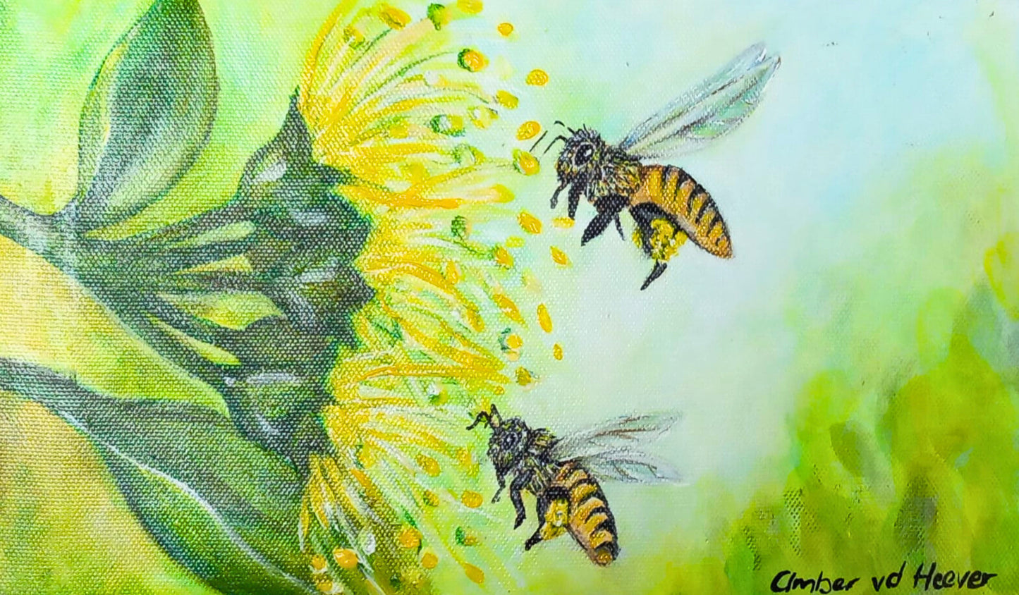 Acrylic painting of two honeybees in flight near a bright yellow flower, with pollen particles floating in the air, against a soft green and blue background.