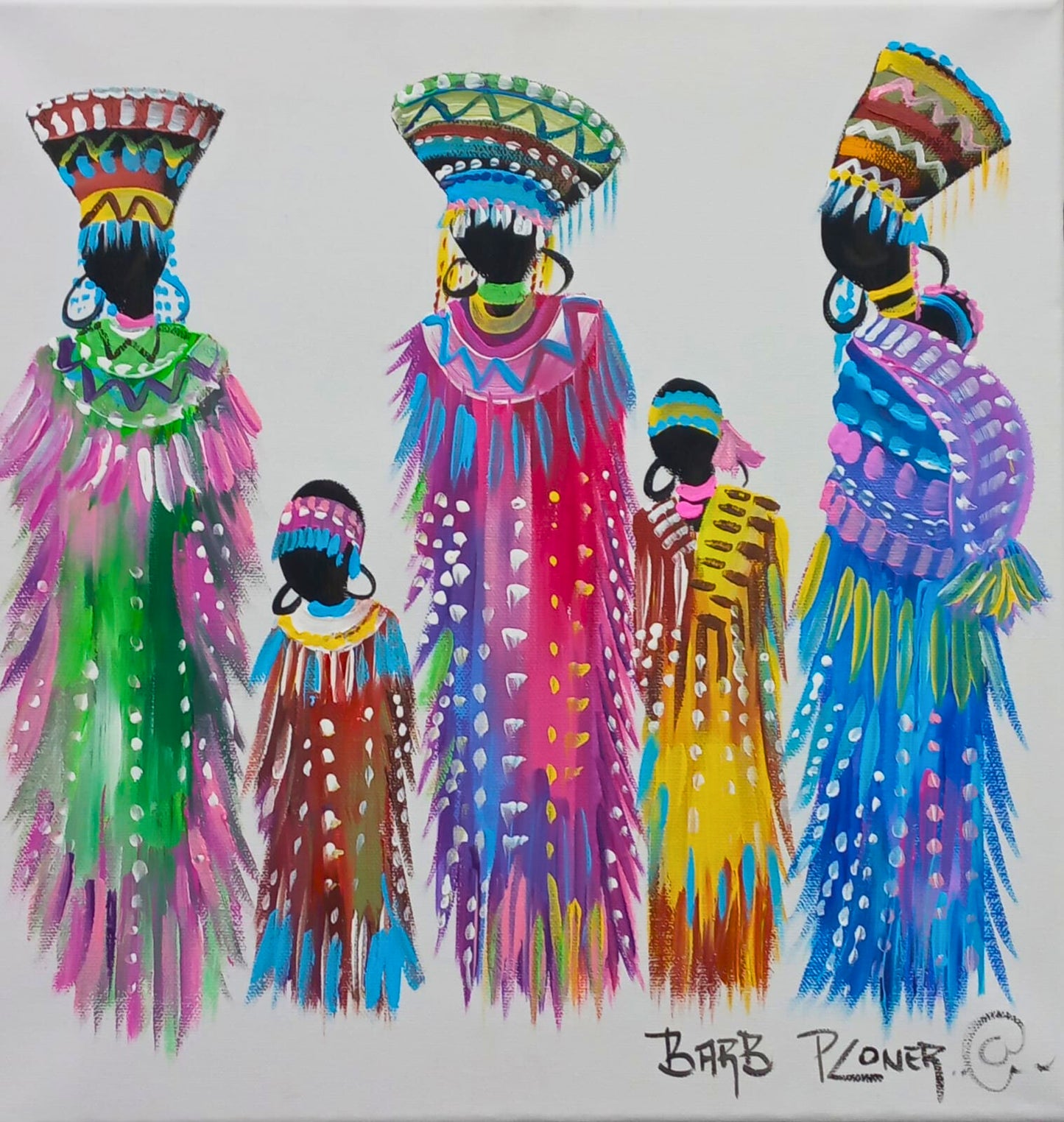 Acrylic painting of four African women in vibrant traditional attire and headdresses, standing against a white background.