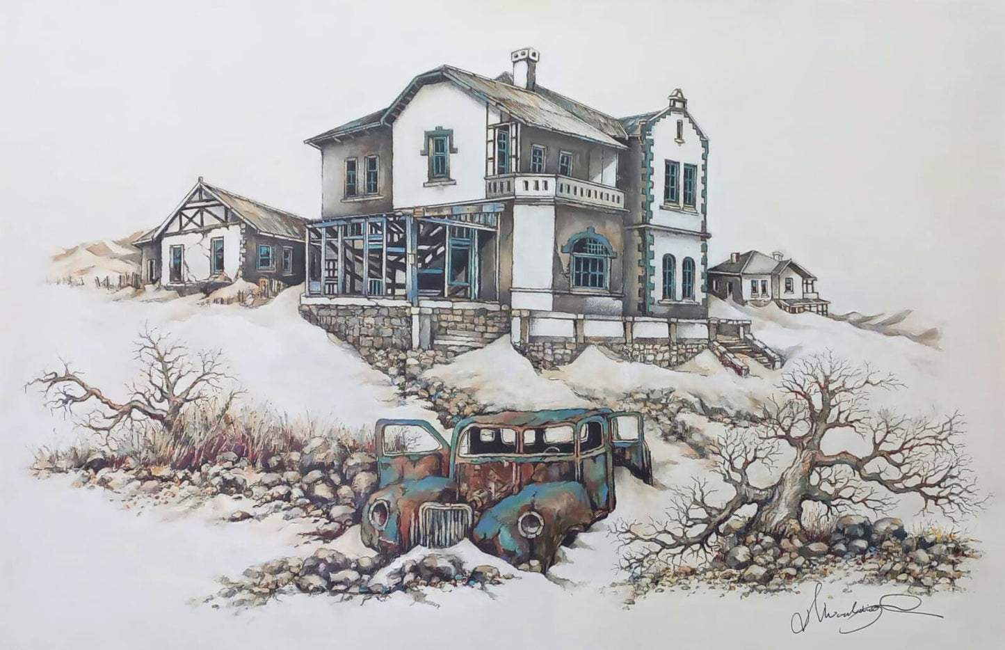 Acrylic painting of an abandoned white house on a sandy hill with a rusted vintage car in front, surrounded by bare trees and rocks.