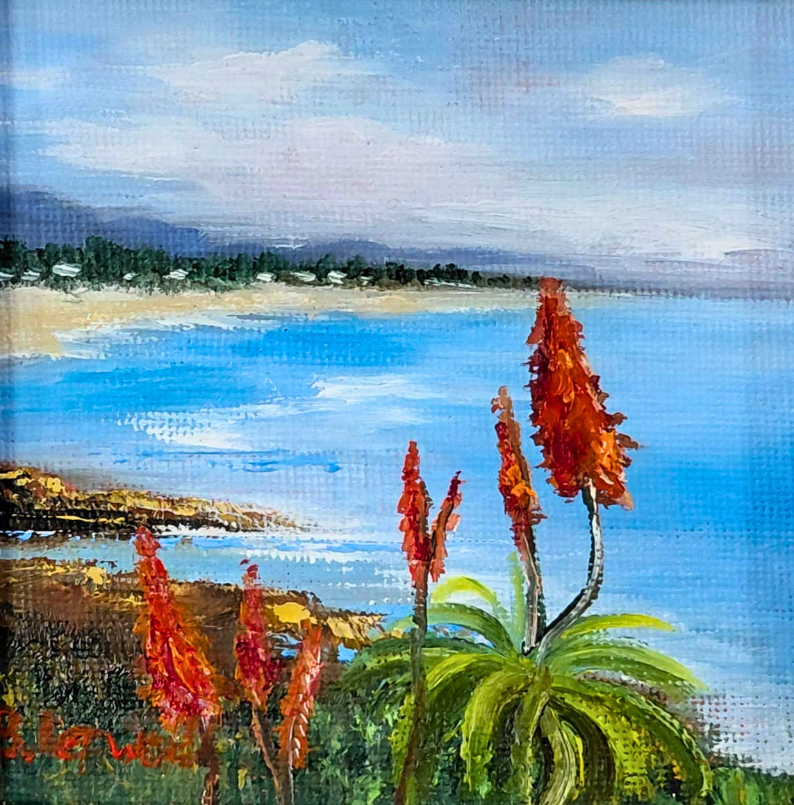 Oil painting of tall flowering aloes in the foreground, with a blue sea and distant shoreline behind.