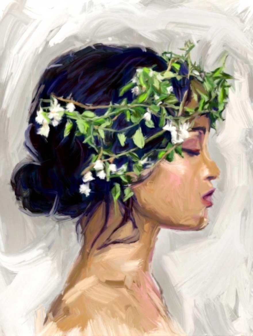 Ethereal profile portrait by Aimee Grautier of a woman adorned with a delicate green floral crown against a soft white background — romantic botanical art for bridal rooms, nurseries, or spa decor.