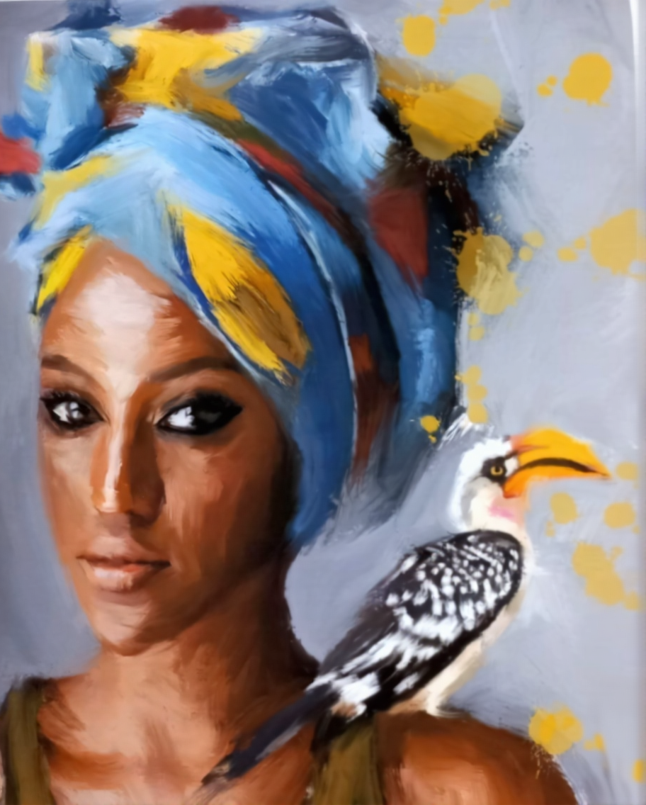 Bold portrait painting by Aimee Grautier of a Black woman wearing a vibrant blue and yellow head wrap with a hornbill perched on her shoulder — powerful African-inspired art for modern gallery walls.