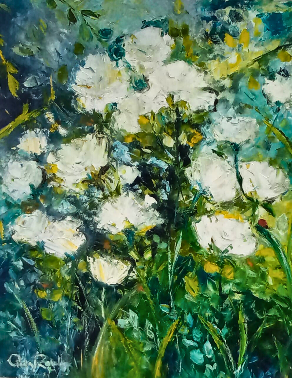 Vibrant oil painting of white poppies blooming in a lush green and teal garden, painted with expressive, textured brushstrokes.