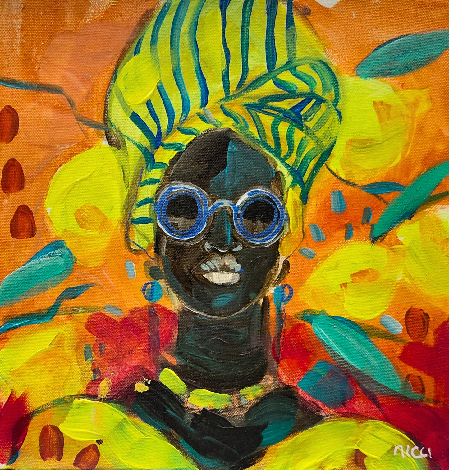 Acrylic portrait of a woman with a serene expression, surrounded by warm golden and orange tones.