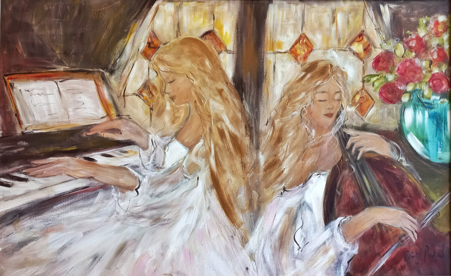 Oil painting of two women in white dresses playing piano and cello together, with a vase of red roses beside them, bathed in warm indoor light.