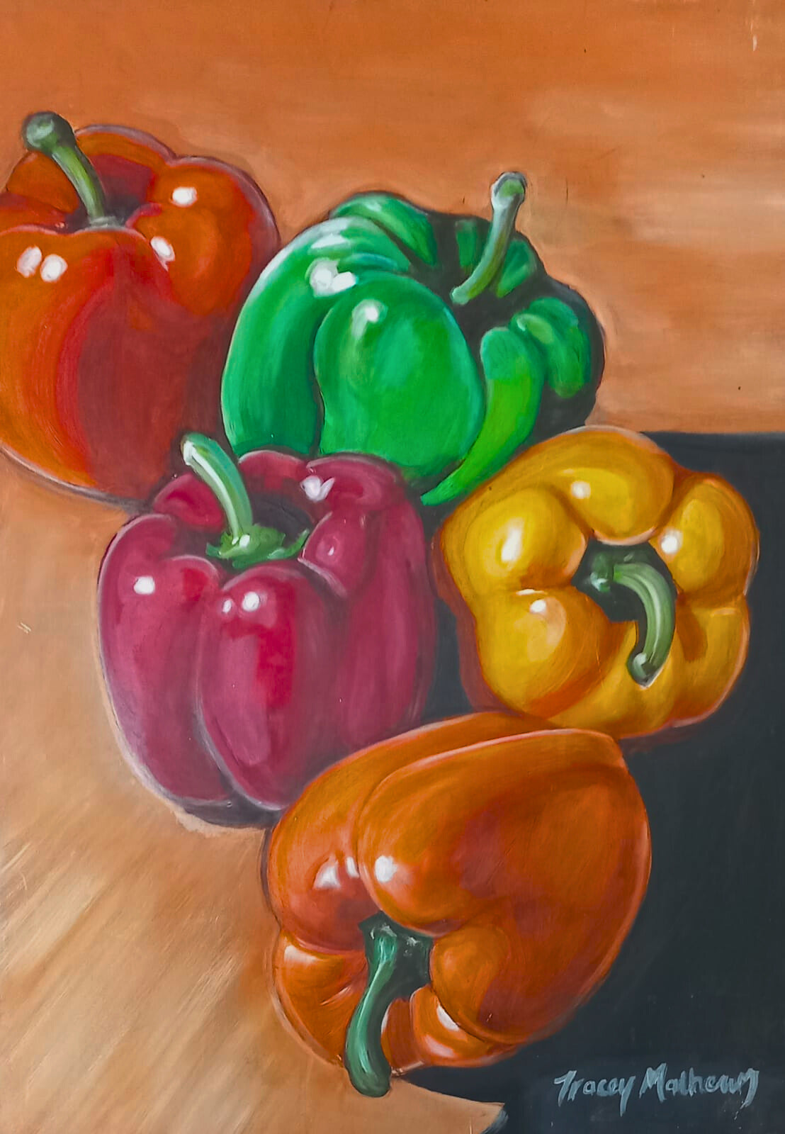 Vibrant acrylic still life painting of five colourful bell peppers—red, green, yellow, magenta, orange—on a wooden surface with a dark background.