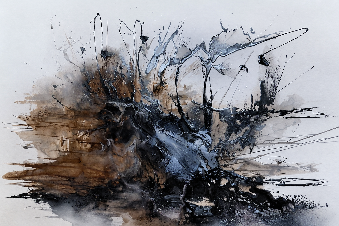 Mixed media abstract with a dark central core erupting in splatters of black, brown, and white against a light background.