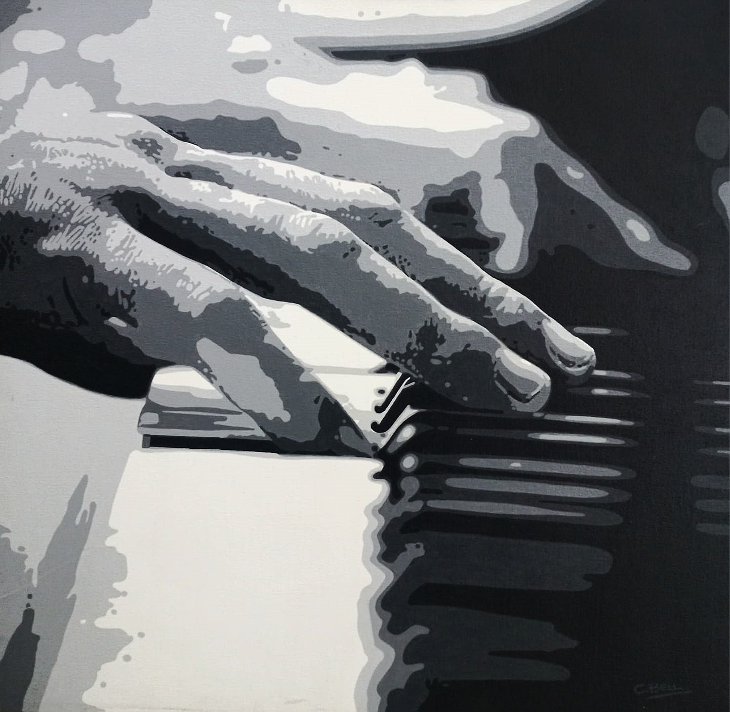 Black and white oil painting of hands resting on piano keys, rendered in bold contrast and expressive brushstrokes.