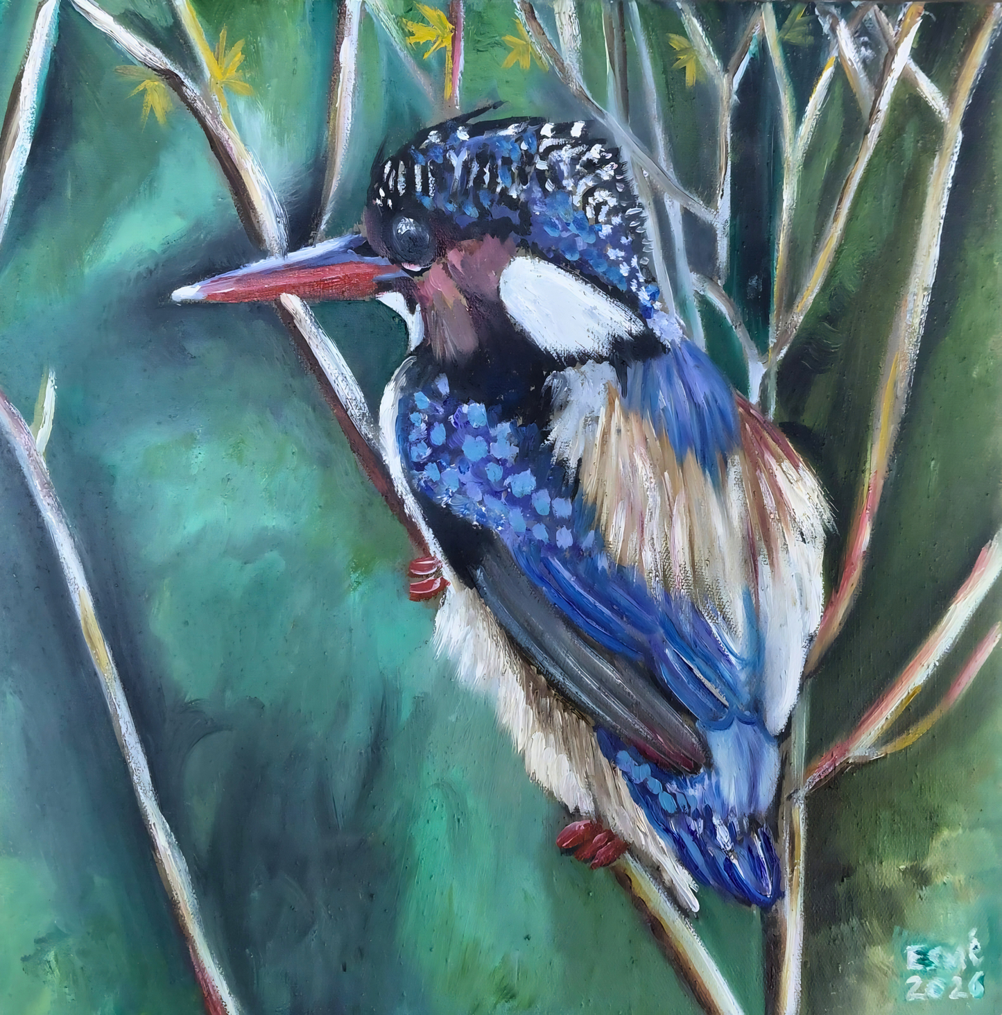 Esme Retief oil artwork on stretched canvas depicting a colourful kingfisher perched among reeds and green foliage