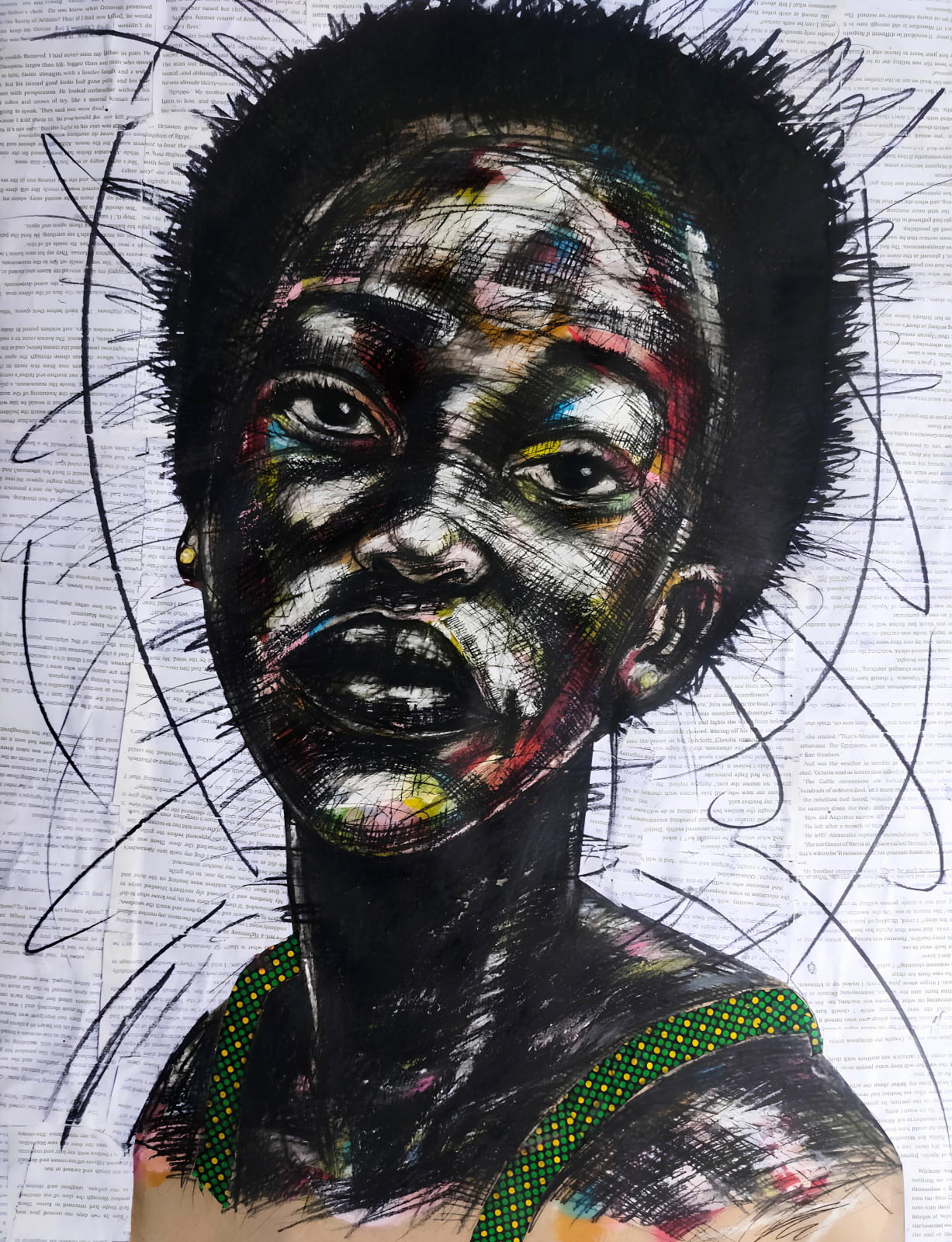 Original mixed media artwork featuring a close-up child portrait against a layered newspaper collage background.