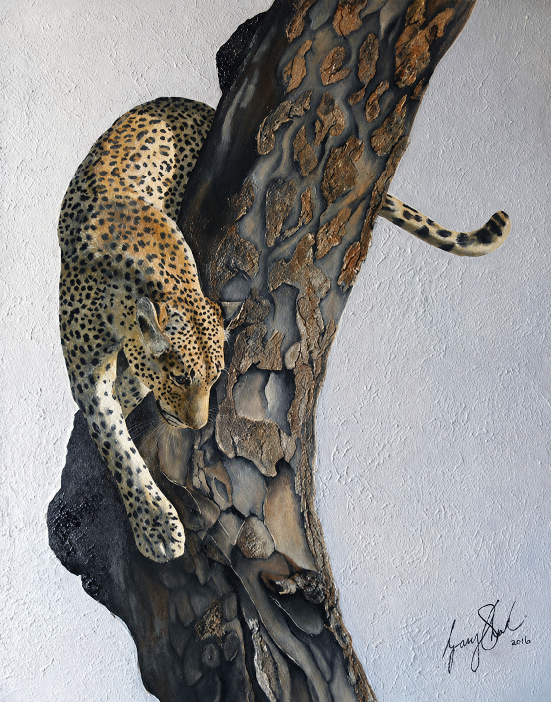 Original oil artwork featuring a leopard draped over a textured tree trunk against a soft neutral background.