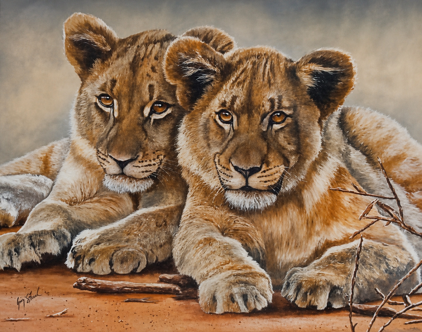 Original oil artwork featuring two lion cubs lying side by side with a calm and gentle expression.