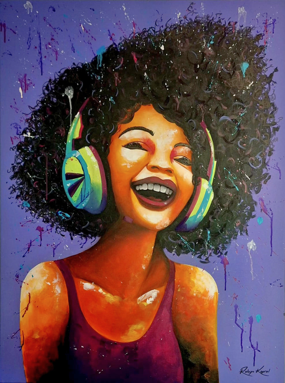 Acrylic painting of a woman with headphones, eyes closed and smiling, against a vivid purple background with colourful splatters.