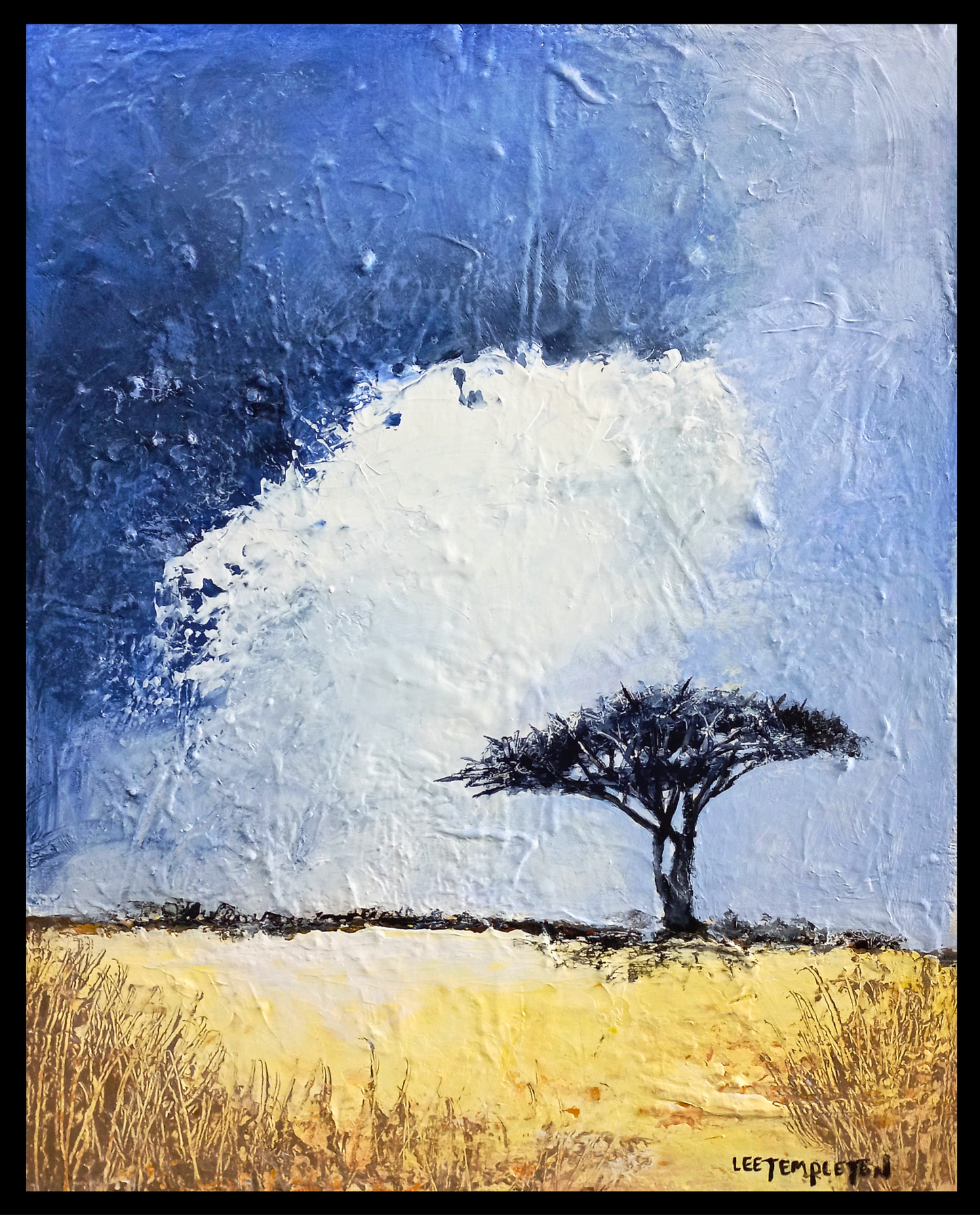 Lee Templeton original artwork featuring a lone tree in an open golden field beneath a dramatic blue and white sky.
