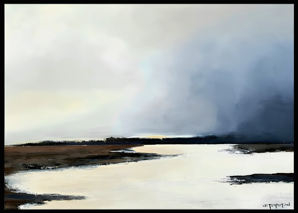 Lee Templeton original artwork featuring a reflective estuary landscape beneath a moody blue-grey sky.