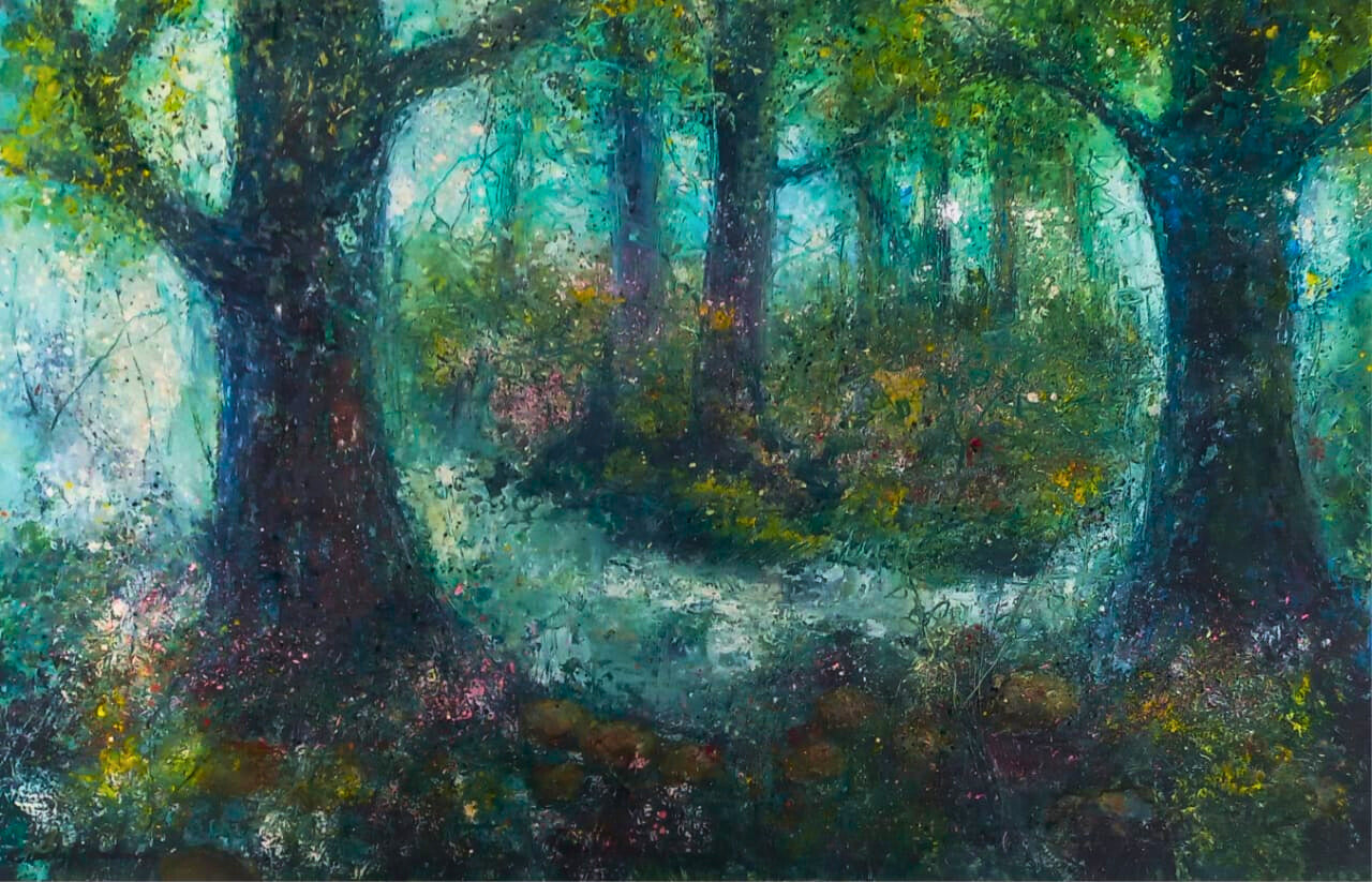 Oil painting of a hidden forest pool surrounded by tall trees, with shimmering water reflecting dappled light and misty greenery.