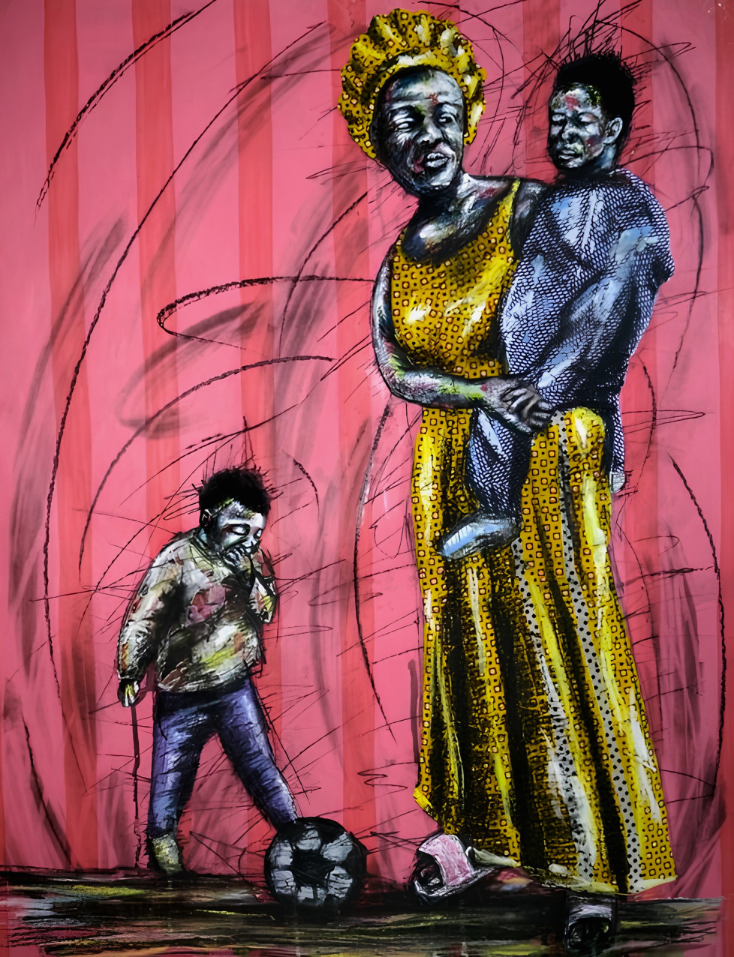 Justice Mathonsi mixed media artwork depicting a mother holding a child while another child plays soccer against a coral pink background