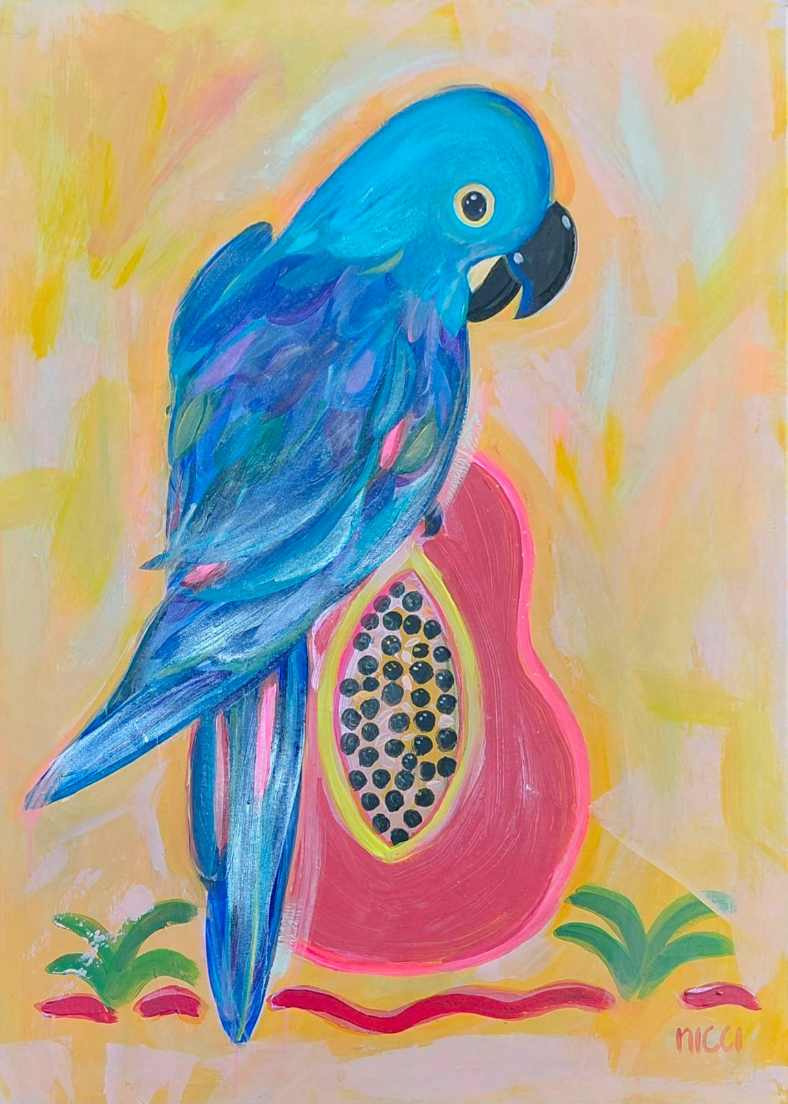 Acrylic painting of a blue parrot perched on a papaya against a warm, sun-dappled background.