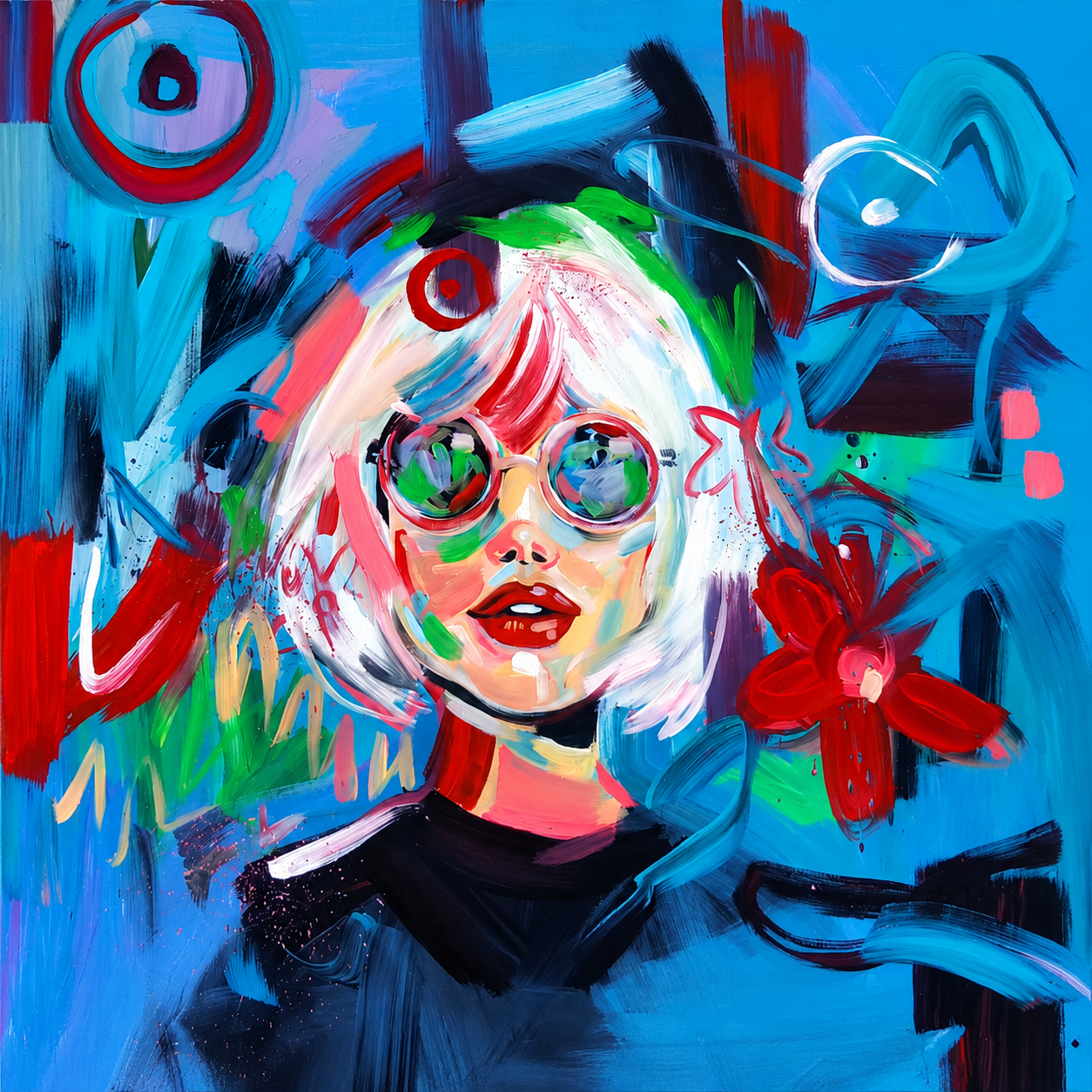 Nicci Joao mixed media artwork on stretched canvas depicting a stylish woman with a white bob, round glasses and a red flower against a bold blue background
