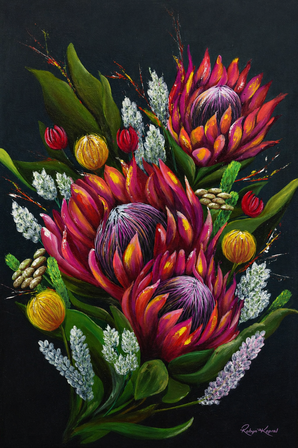 Botanical floral artwork featuring burgundy proteas, green leaves, and white flowers on a black background.