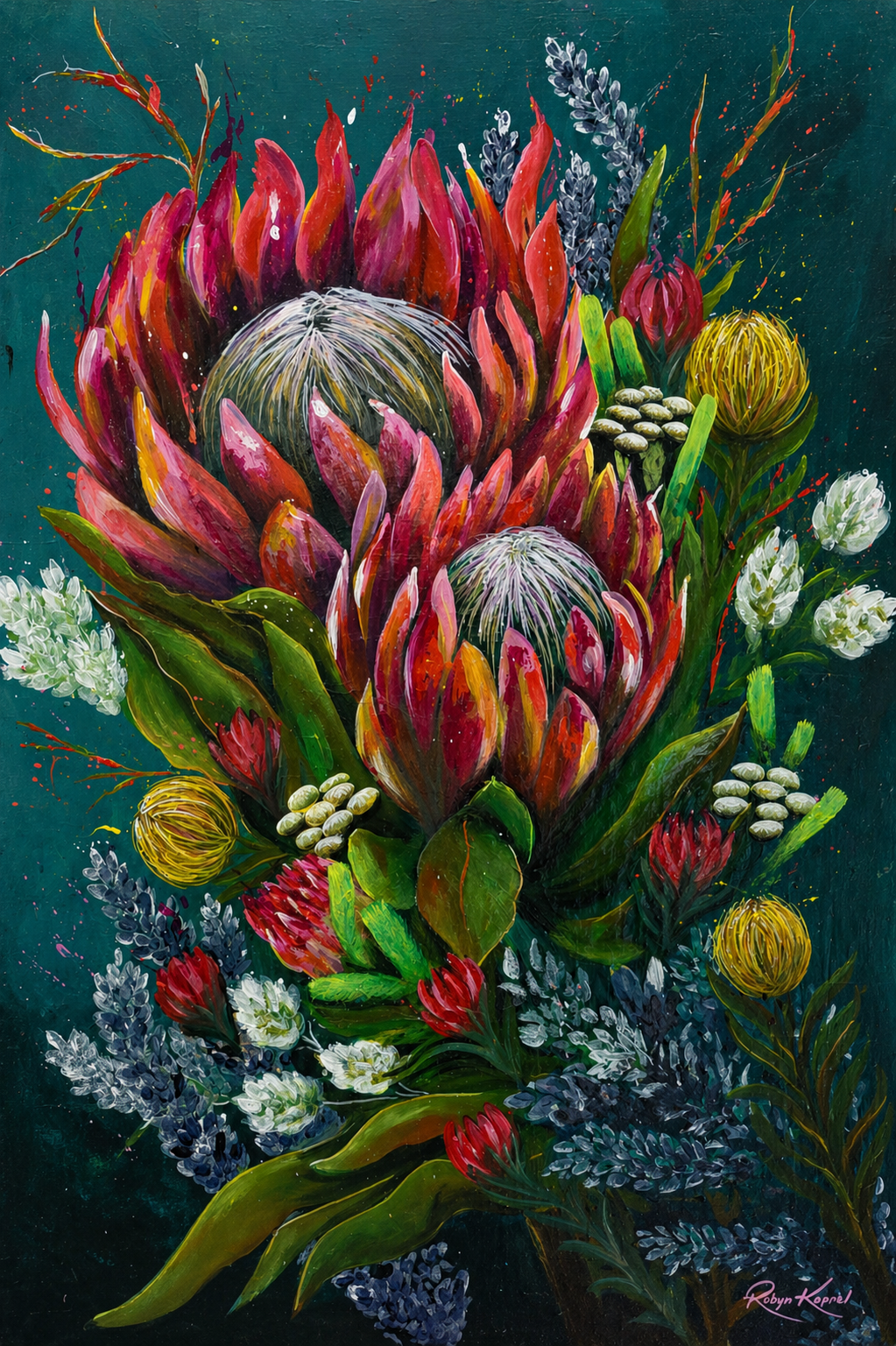 Contemporary protea floral artwork with magenta blooms, green leaves, and a deep teal background.