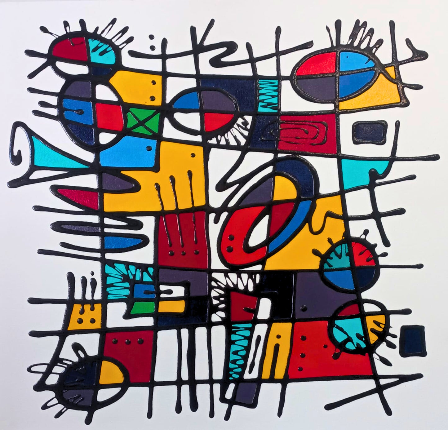 Mixed media abstract with flowing black lines, coloured blocks, and symbolic motifs including eyes and suns on a white background.