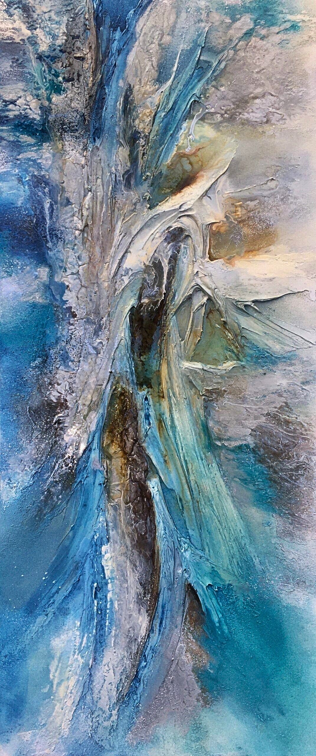Vertical mixed media abstract with flowing blue, grey, and gold tones, resembling a river or vein of light rising from darkness.