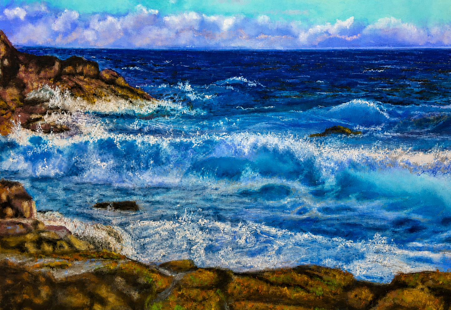Gary Streak original oil artwork featuring crashing ocean waves along a rocky shoreline under a bright blue sky.