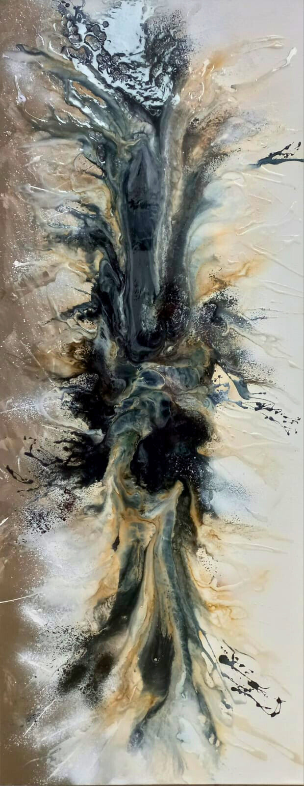 Mixed media abstract with a dark central core erupting upward in layers of ochre, cream, and silver against a pale background.