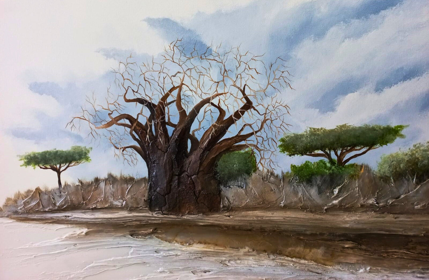Mixed media painting of a large baobab tree standing alone under a stormy sky, surrounded by smaller green trees and dry earth.