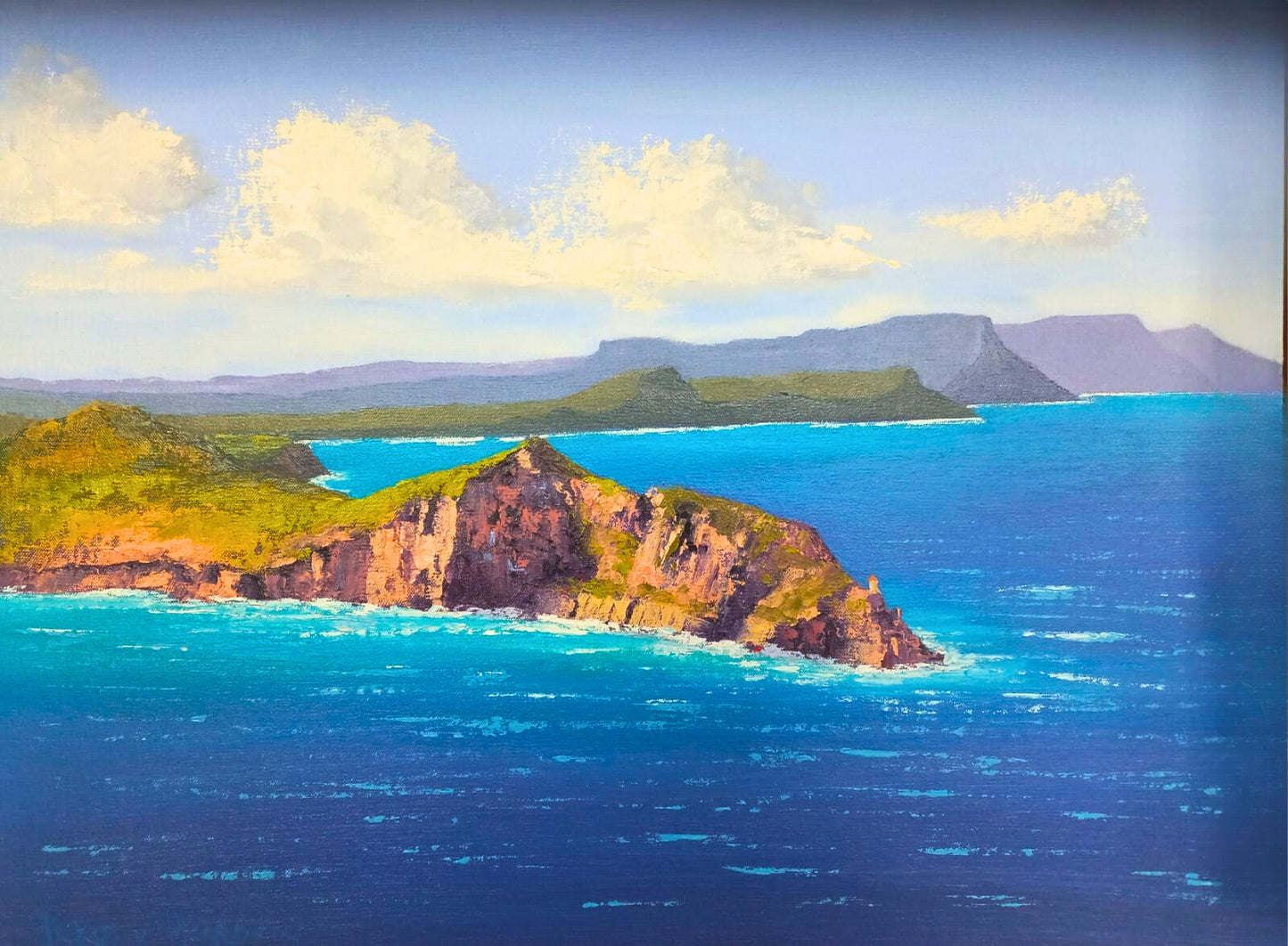 Large oil painting of Cape Point with rugged cliffs, turquoise sea, and distant mountains under a cloudy sky.
