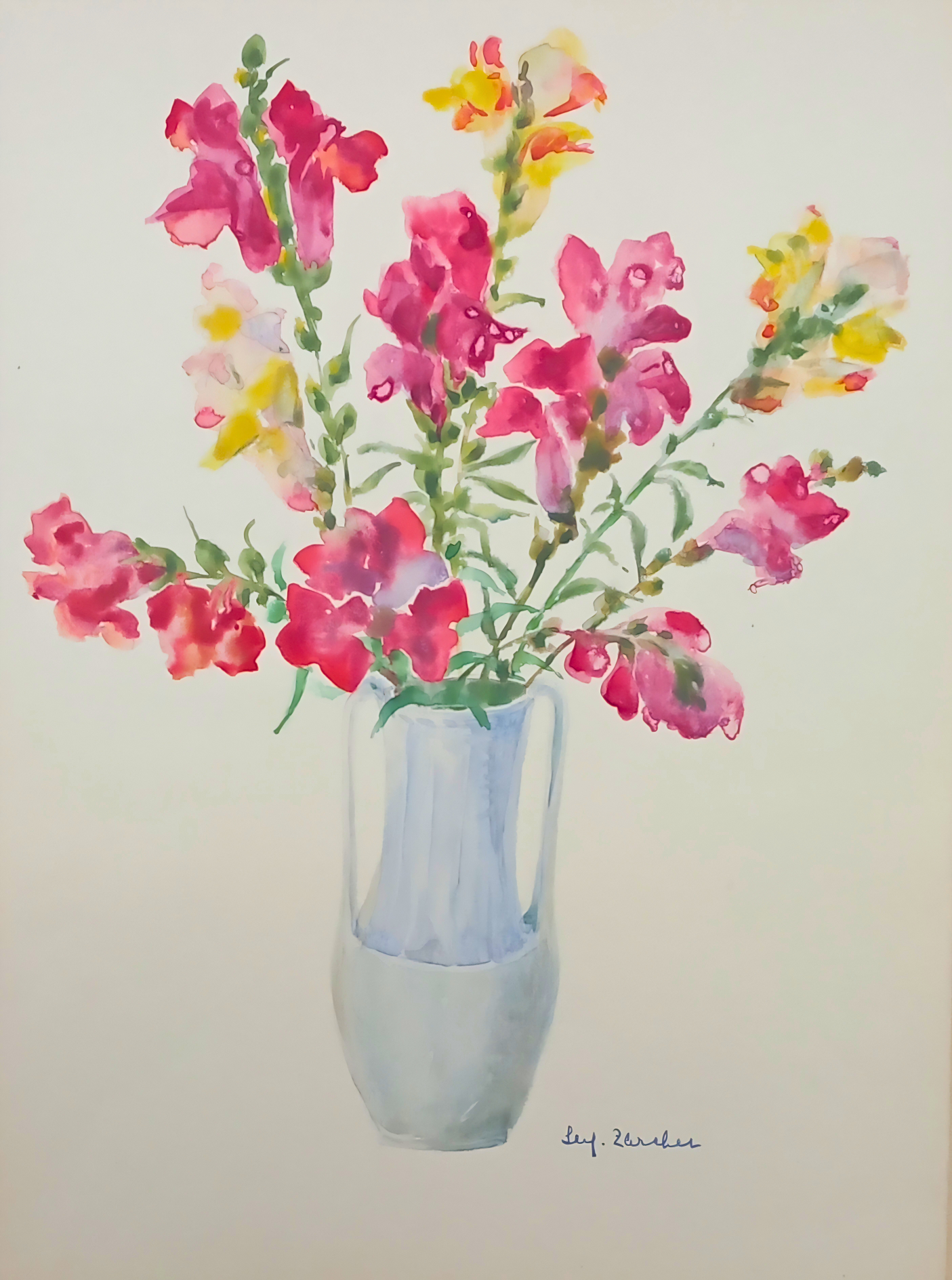 Botanical watercolour by Suz Zurcher of pink and yellow snapdragons arranged in a pale blue vase.