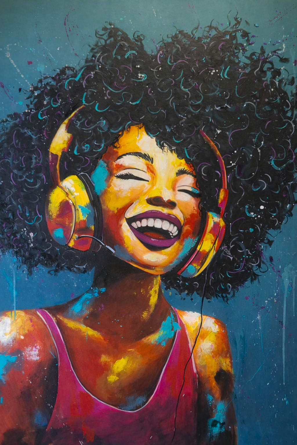 Acrylic painting of a woman with headphones, eyes closed and smiling, surrounded by colourful splatters against a teal background.