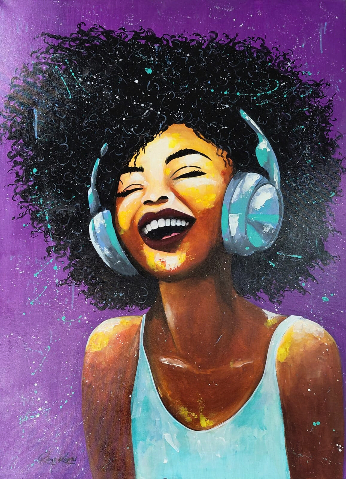 Acrylic painting of a woman with headphones, eyes closed and smiling, against a vivid purple background with colourful splatters.