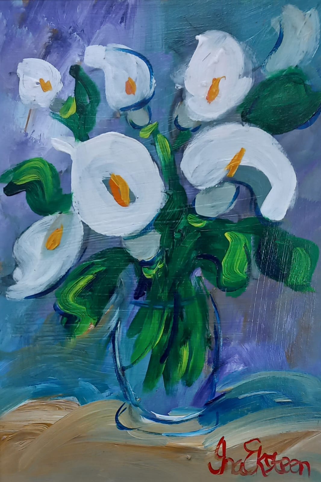 Oil painting of white calla lilies in a glass vase, with green leaves and a textured purple-blue background.