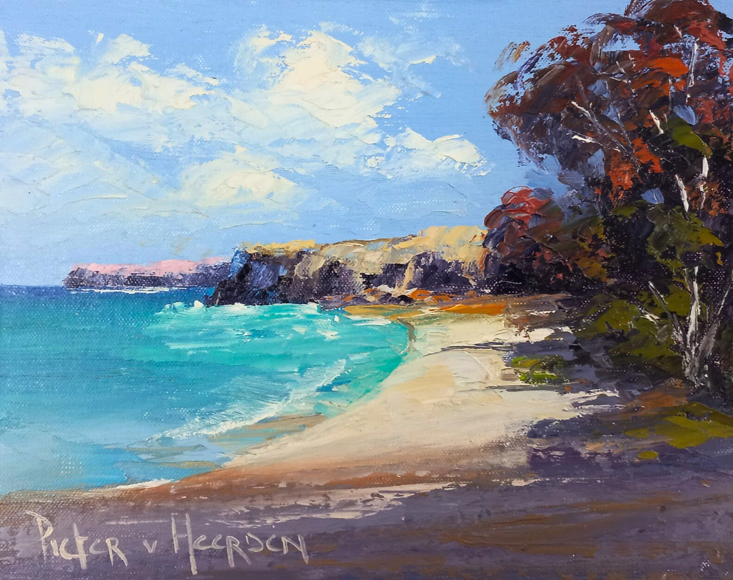 Oil painting of a sunny sandy bay with coastal trees, turquoise water, and a distant headland under a blue sky.