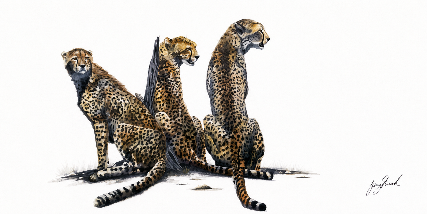 Original oil artwork featuring three cheetahs seated together against a clean white background.
